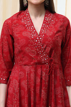 Red Printed Angrakha Style Anarkali Suit Set image number 1