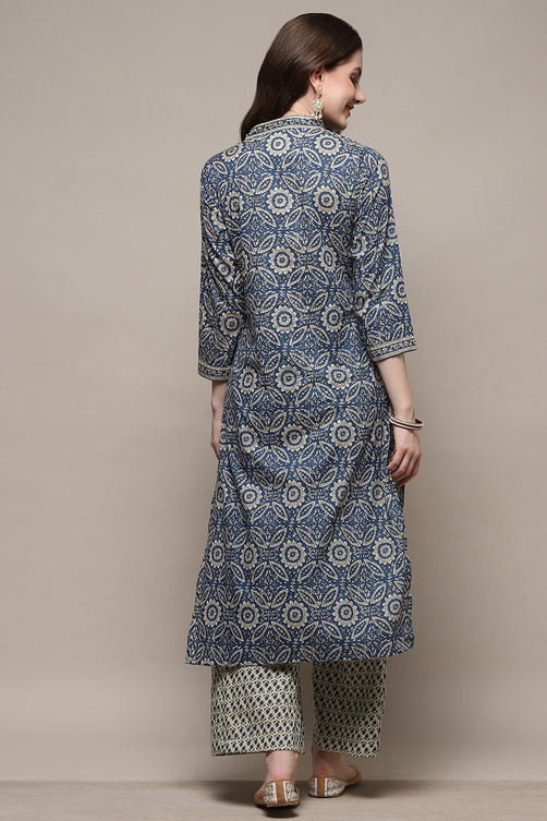 Blue Cotton Floral Screen Printed Unstitched Suit Set image number 6