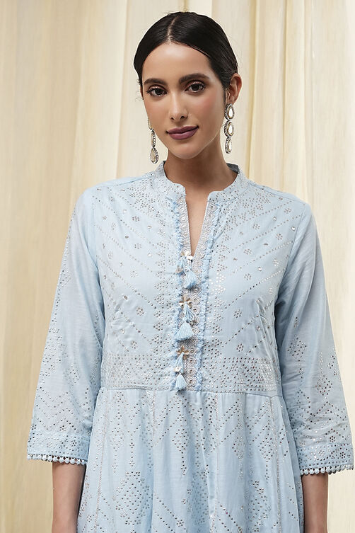 Off-White Cotton Embellished Anarkali Suit Set image number 1