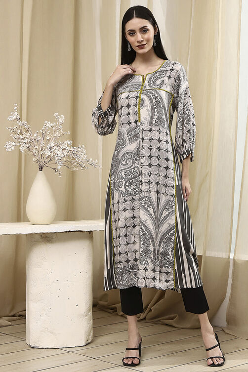 Ivory and Grey Printed Straight Kurta image number 5