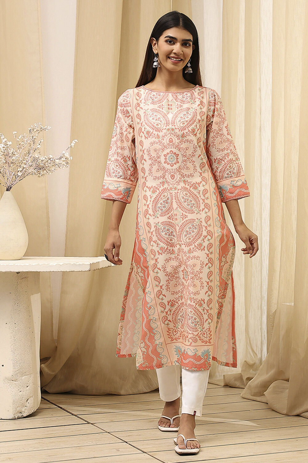Peach-Colored Cotton Printed Straight Kurta image number 0