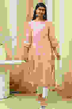 Peach-Colored Cotton Printed Straight Kurta image number 0
