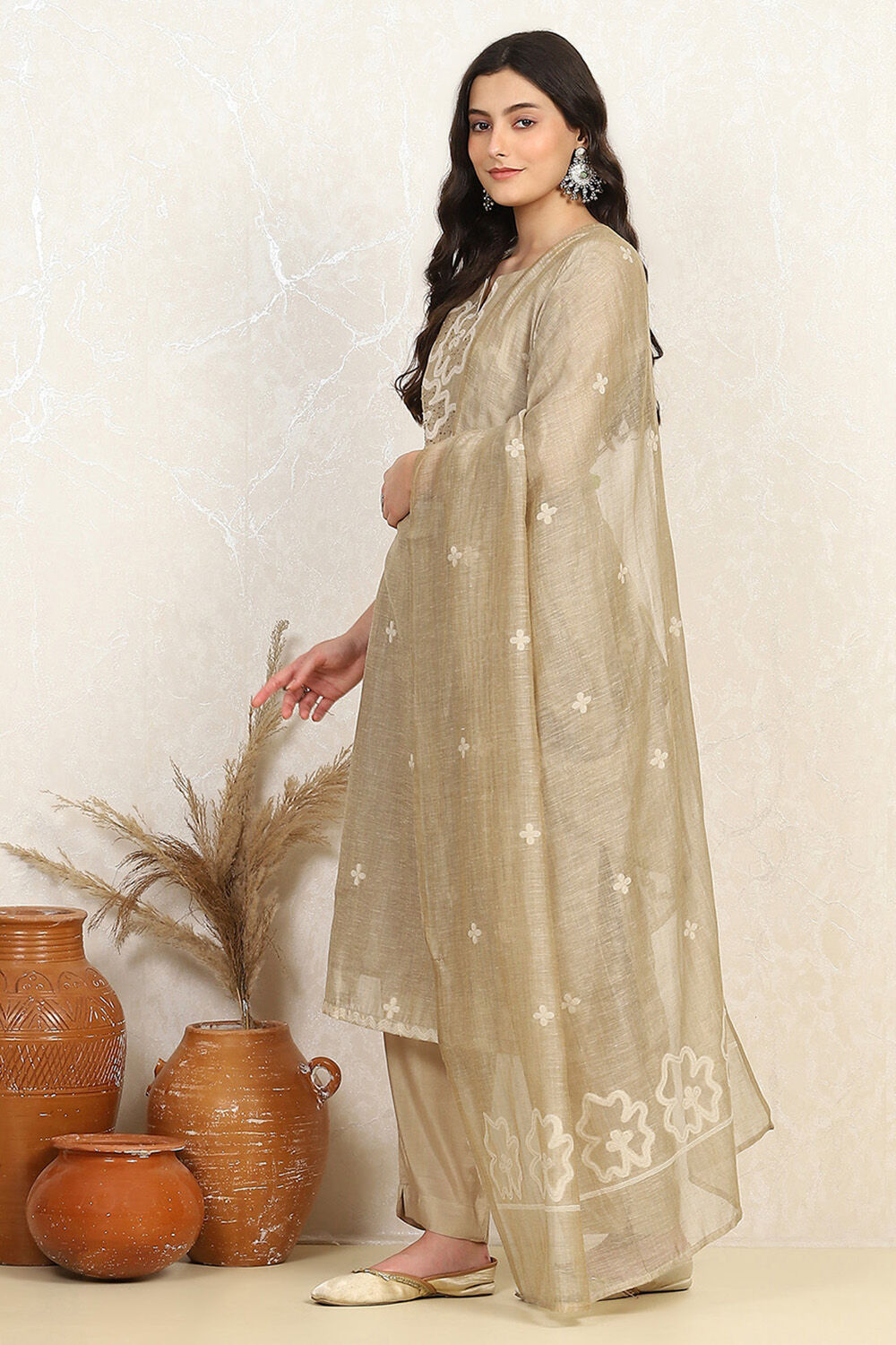 Beige Chanderi Hand Embroidered Unstitched Suit Set image number 4