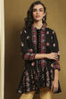 Black Floral Printed Shirt-Style Tiered Kurta image number 5