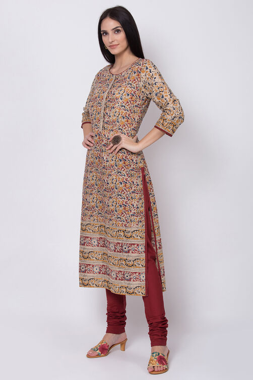 Red Cotton Straight Kurta Churidar Suit Set image number 3