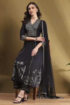 Black Cotton Printed Festive A-Line Suit Set image number 0