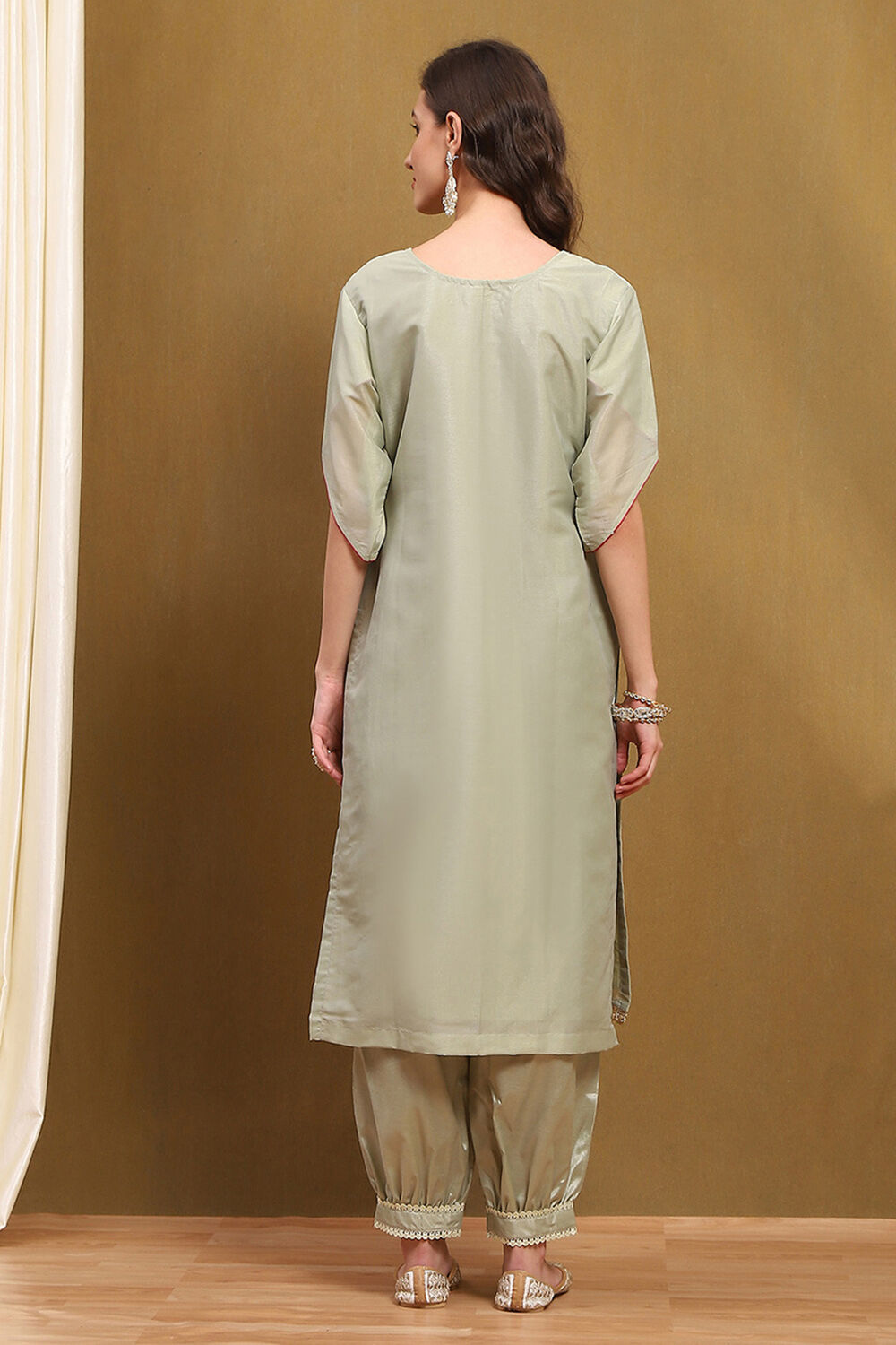 Green Tissue Machine Embroidered Unstitched Suit Set image number 4