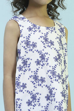 White and Blue Cotton Embroidered Straight Kurta Set image number 1