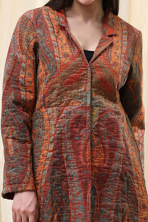 Burnt Orange Rayon Straight Printed Jacket image number 1