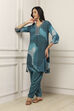 Teal Viscose Rayon Abstract Printed Straight Suit Set