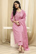Pink Cotton Screen Print Unstitched Suit Set image number 1
