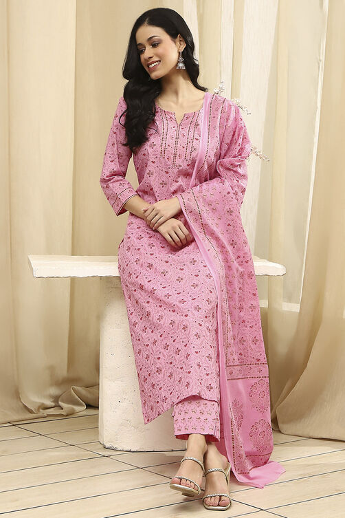Pink Cotton Screen Print Unstitched Suit Set image number 1