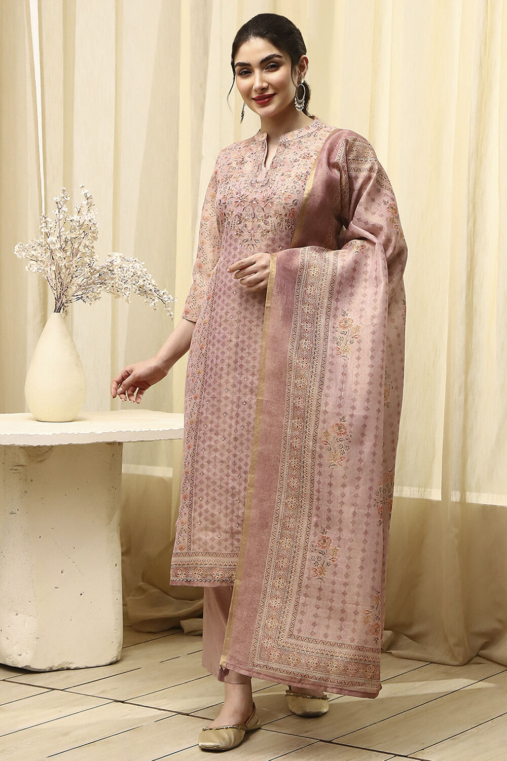 Lavender Chanderi Printed Unstitched Suit Set image number 7