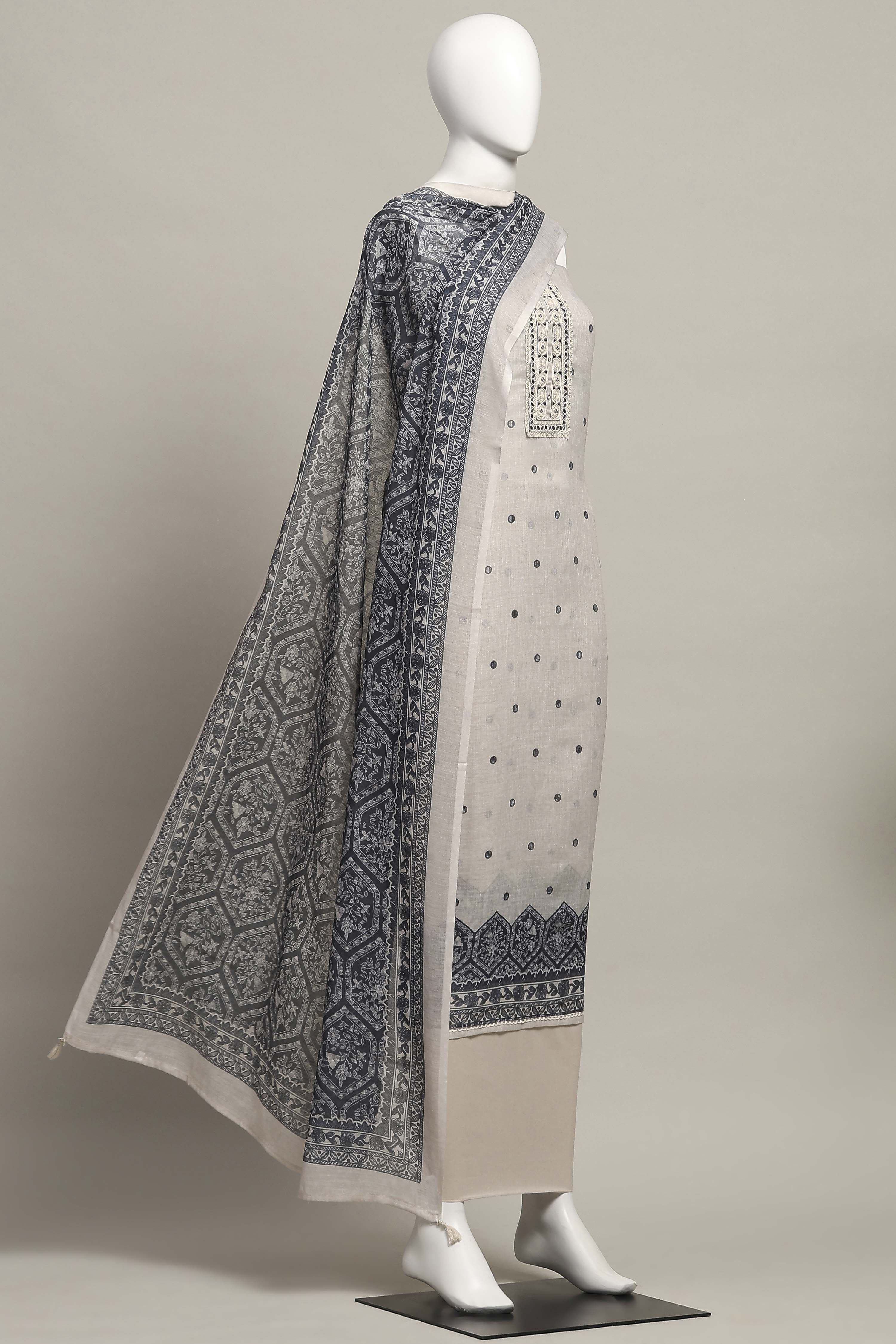 Beige Linen Booti Print Unstitched Suit Set image number 4