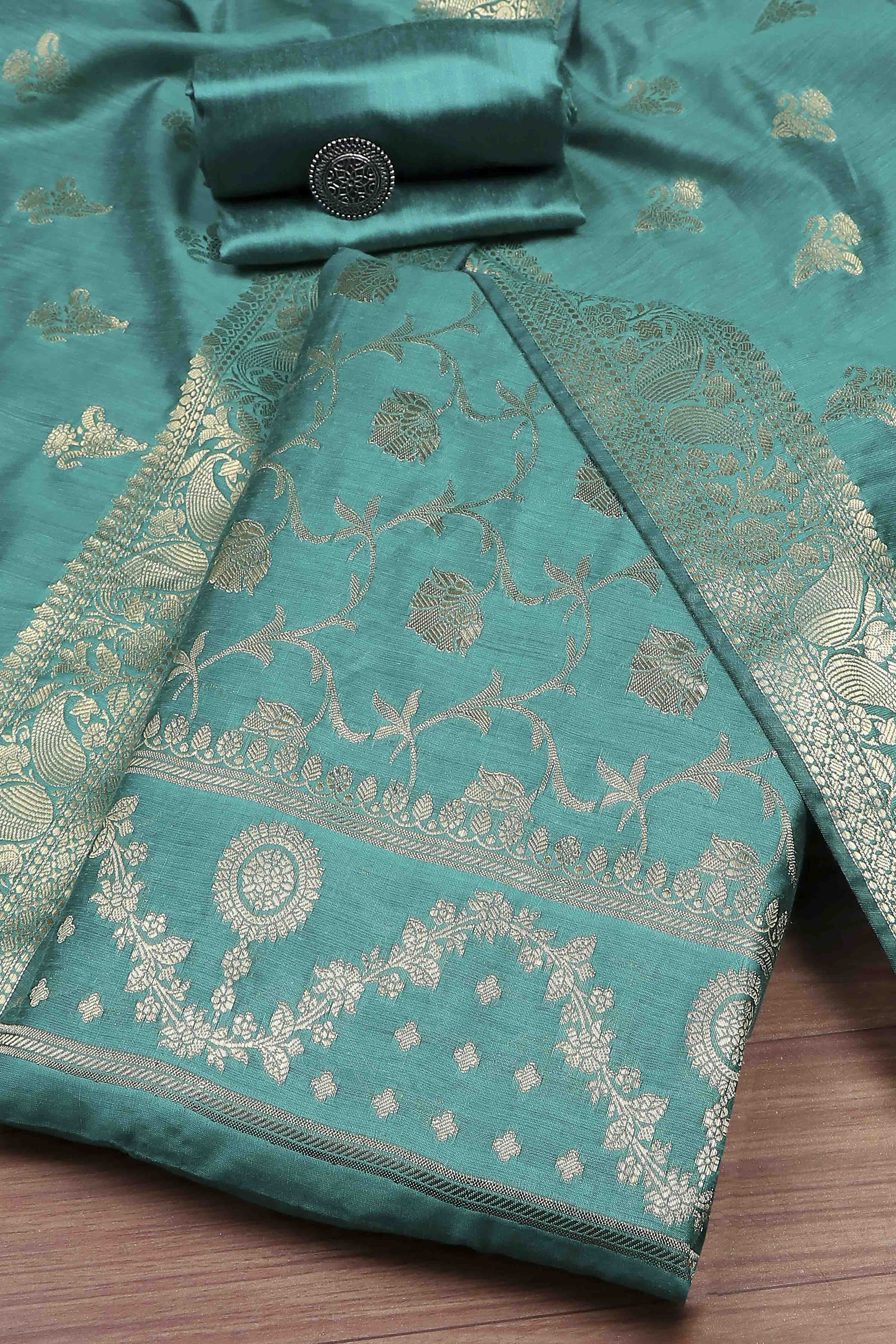 Teal Banarasi Chanderi Banarasi Print Unstitched Suit Set image number 0