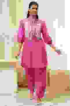 Pink and White Cotton Pathani Straight Kurta Set image number 5