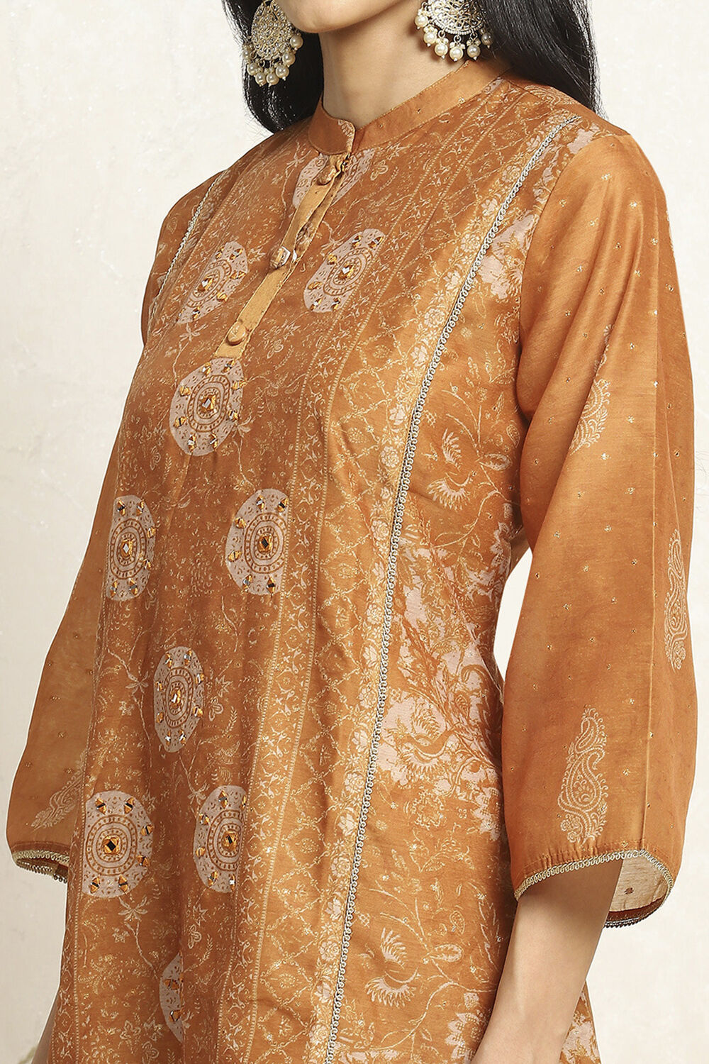 Beige Chanderi Printed Unstitched Suit Set image number 2