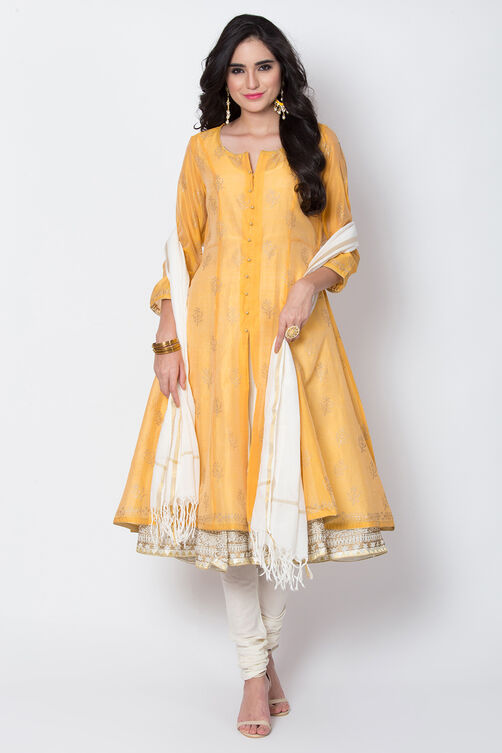 Yellow Poly Cotton Front Open Kurta Churidar Suit Set image number 0
