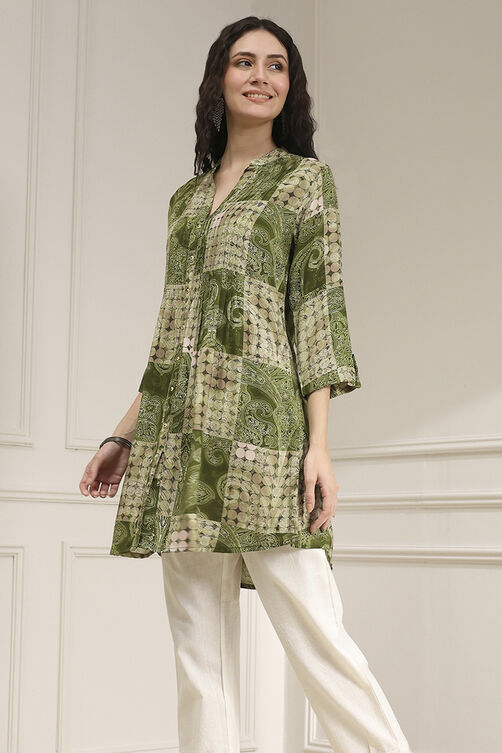 Olive Green Pleated Straight Short Kurta image number 2