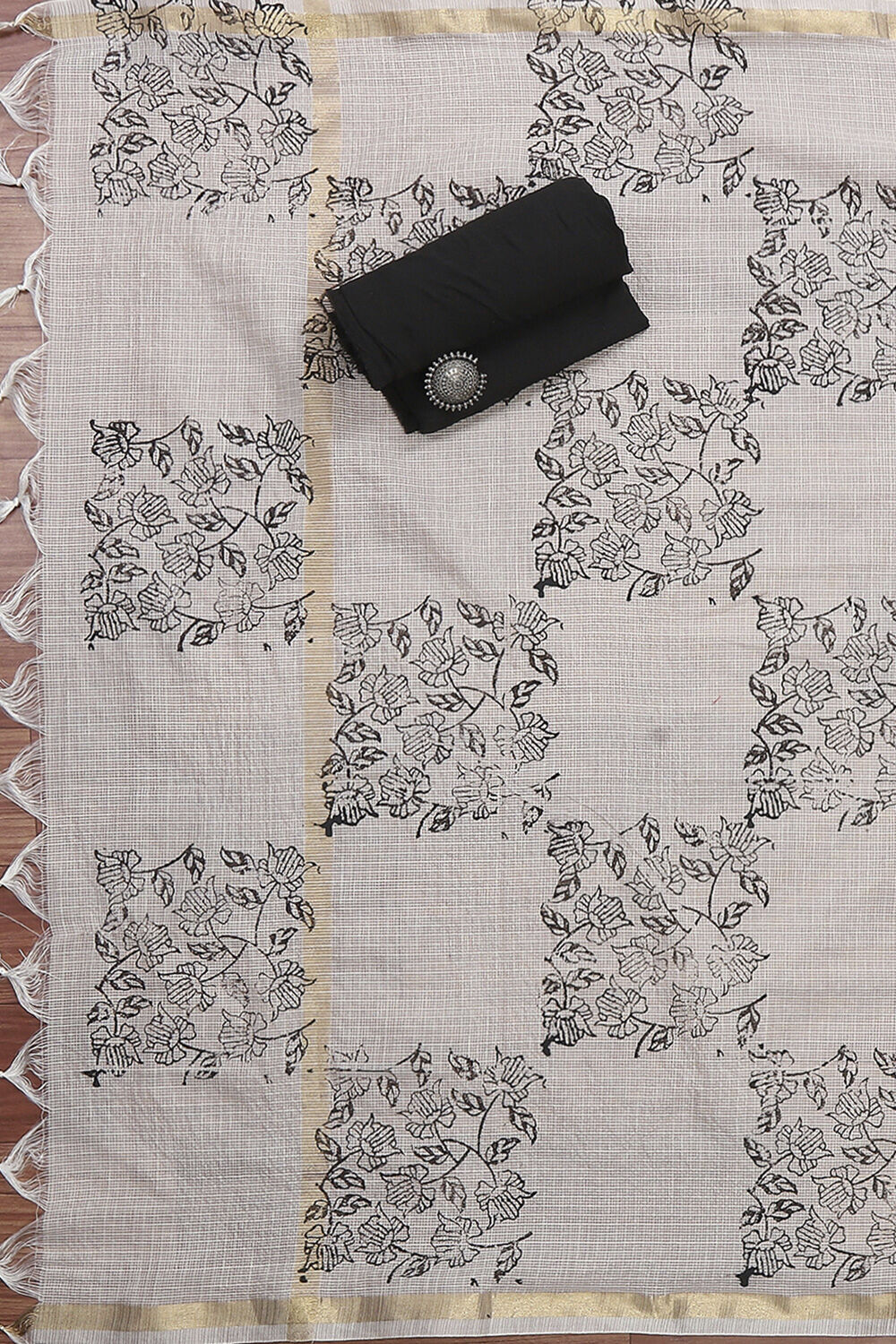 Off White Cotton Machine Embroidered Unstitched Suit Set image number 3