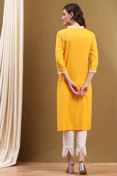 Yellow Cotton Solid Regular Fit Straight Kurta image number 3