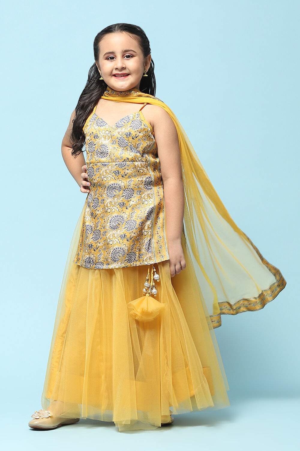 Yellow Poly Viscose Straight Printed Suit Set image number 0