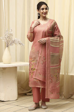 Maroon Linen Printed Embroidered Unstitched Suit Set image number 1