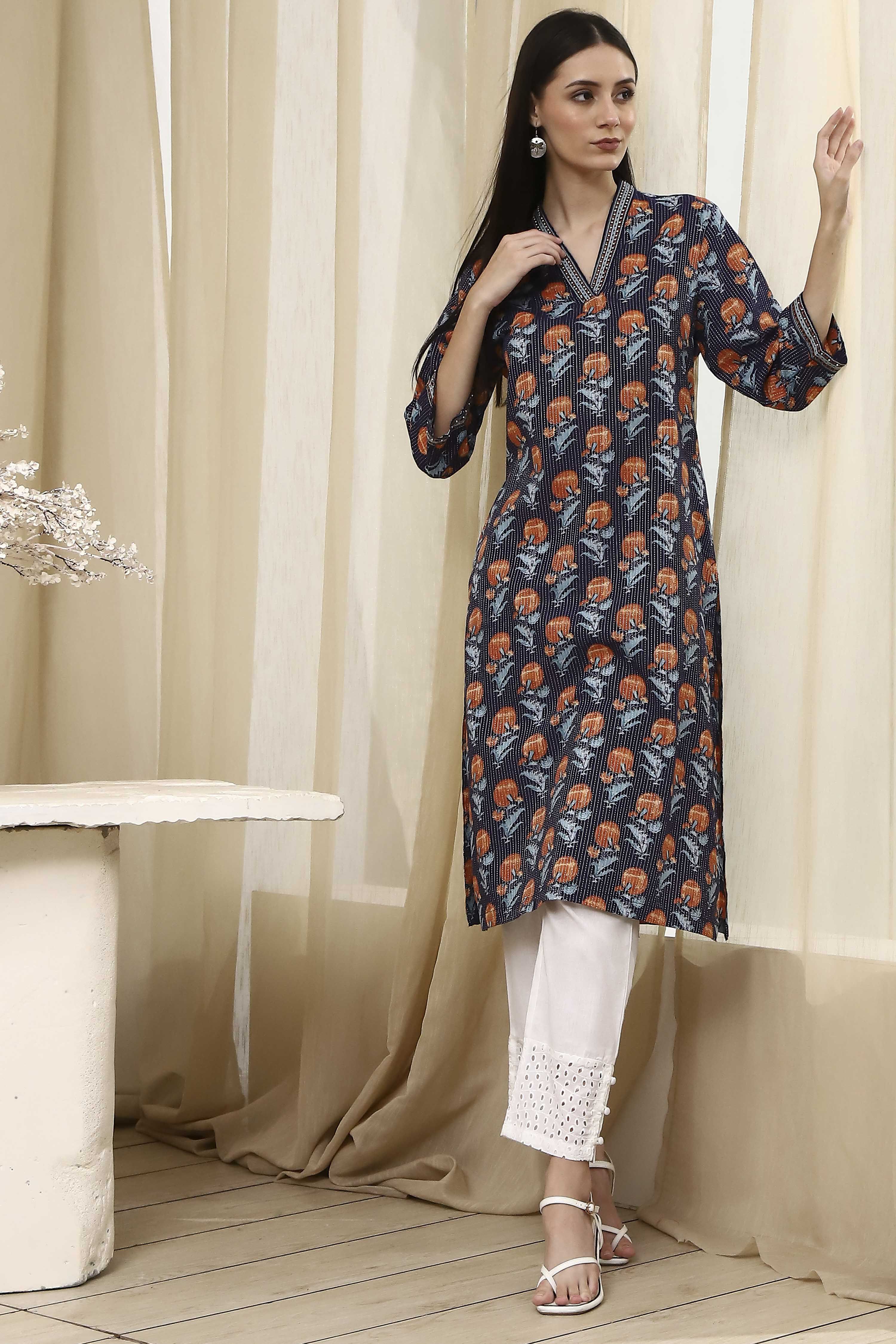 Blue Cotton Printed Straight Kurta image number 6