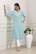 Blue Cotton Lace Trim Straight Kurta
