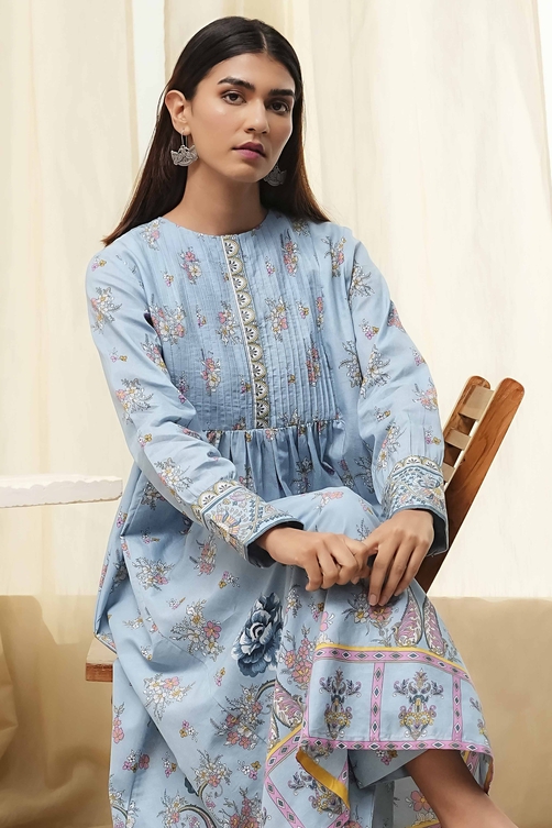 Dull Blue Cotton Flared Printed Kurta Set image number 8