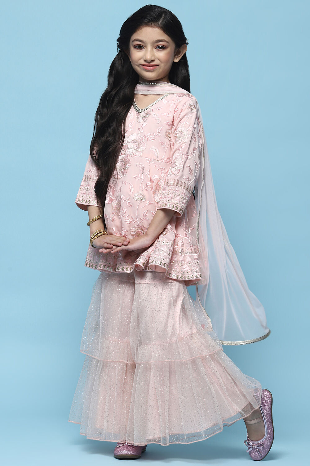 Pink Embroidered Georgette Peplum Sharara Suit Set image number 4