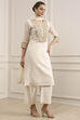 Off White Polyester Straight Dyed Suit Set image number 5