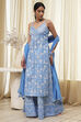Blue Cotton Floral Strappy Straight Suit Set image number 3
