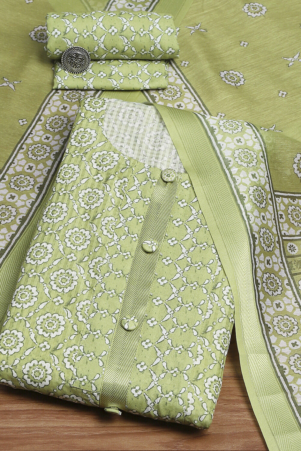 Green Cotton Digital Print Unstitched Suit Set image number 0