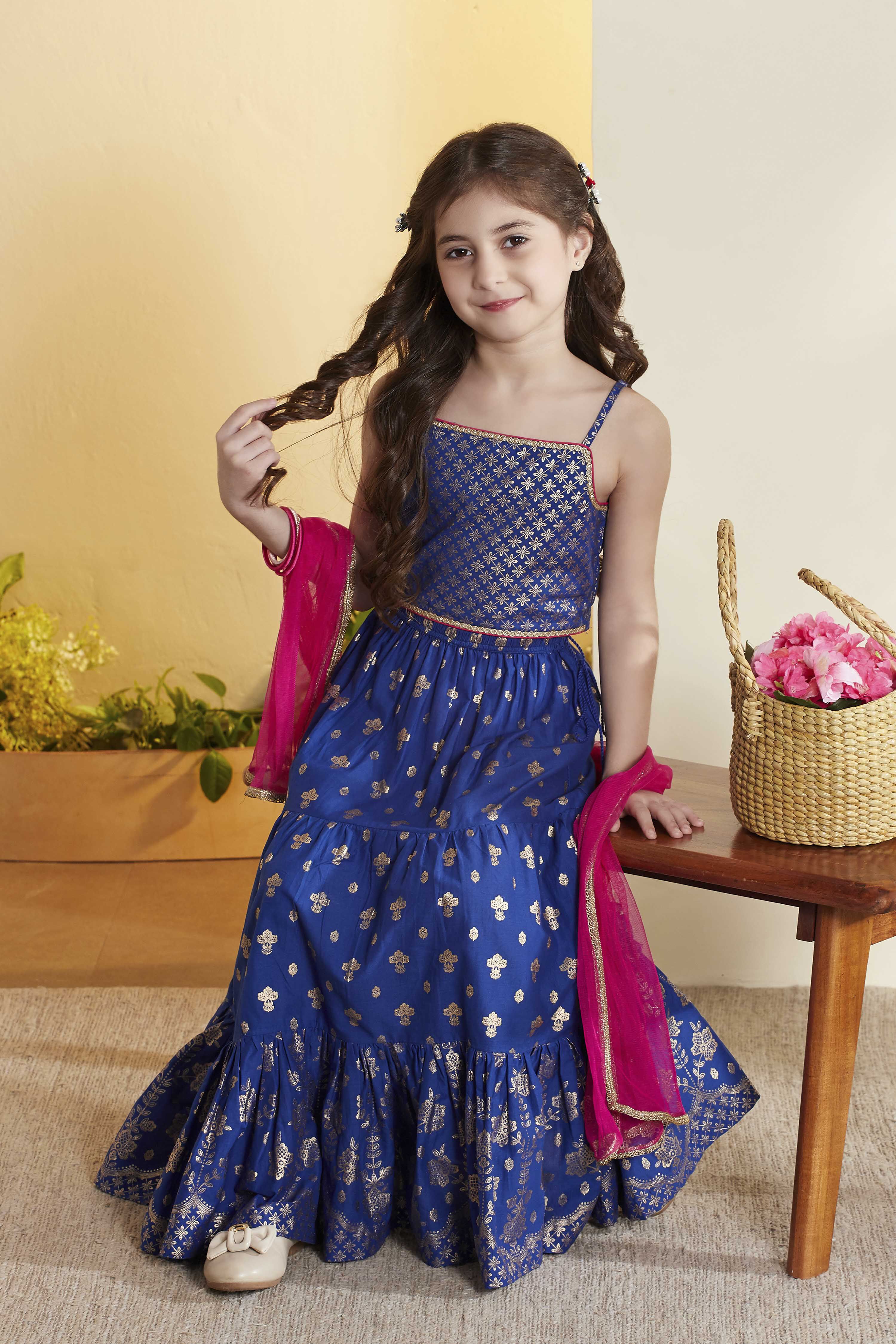 Blue Geometric Printed Cotton Lehenga Set image number 0