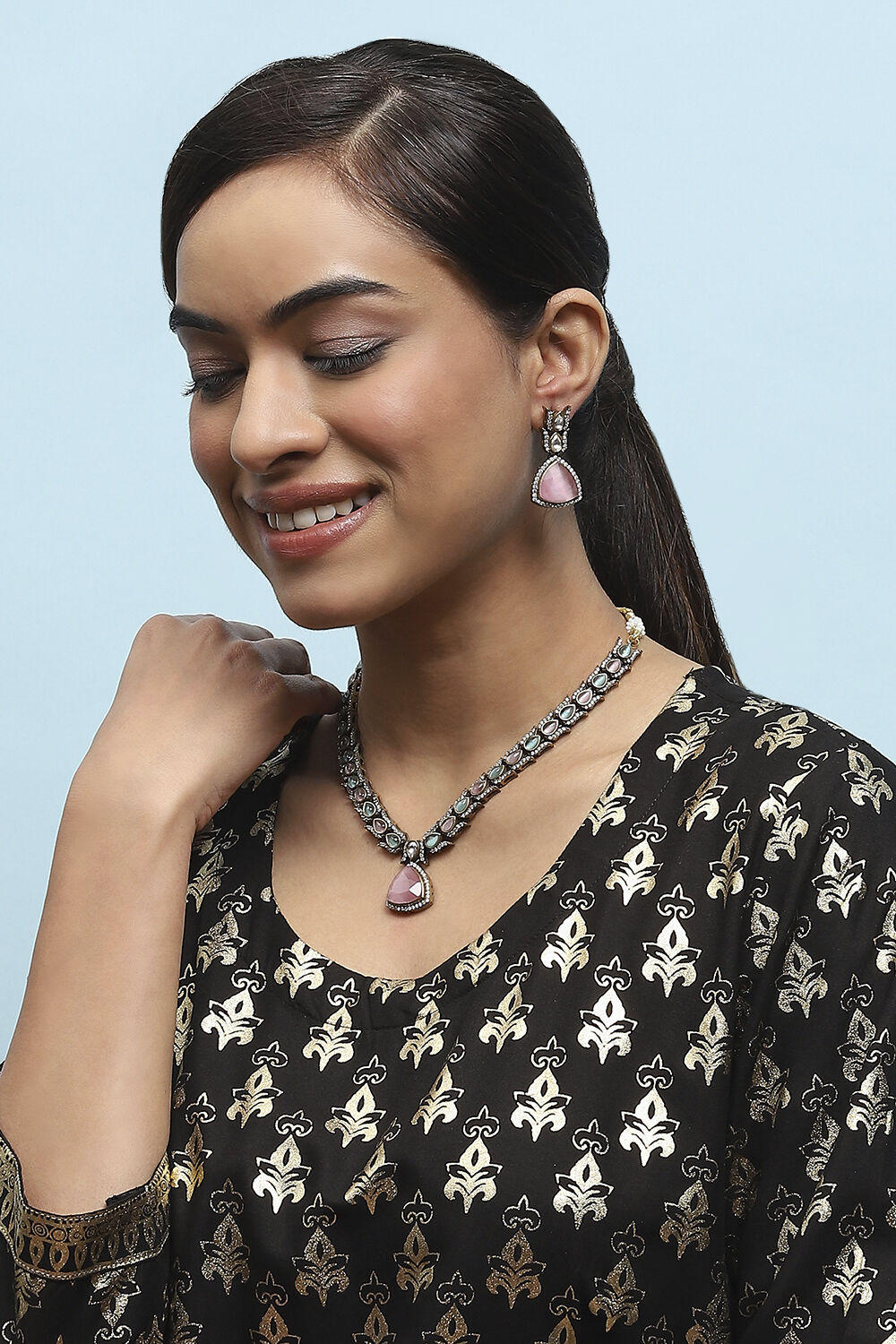 Pink-Green Brass Drop & Danglers image number 1