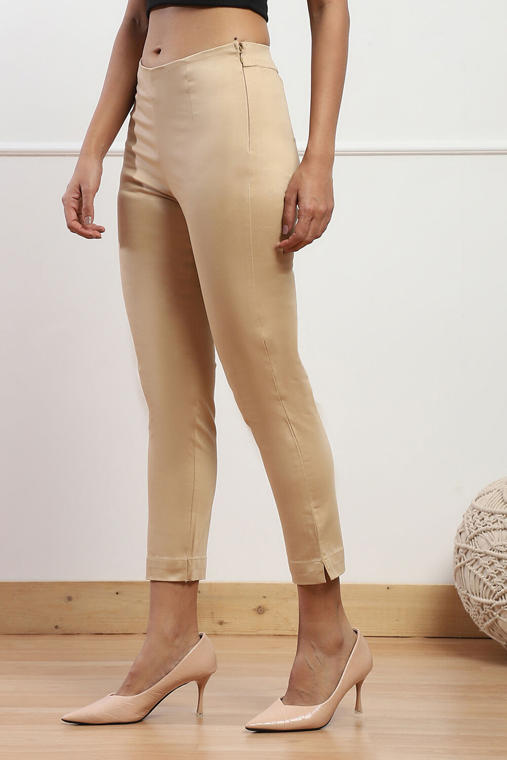 Beige Cotton Blend Slim Pant image number 2