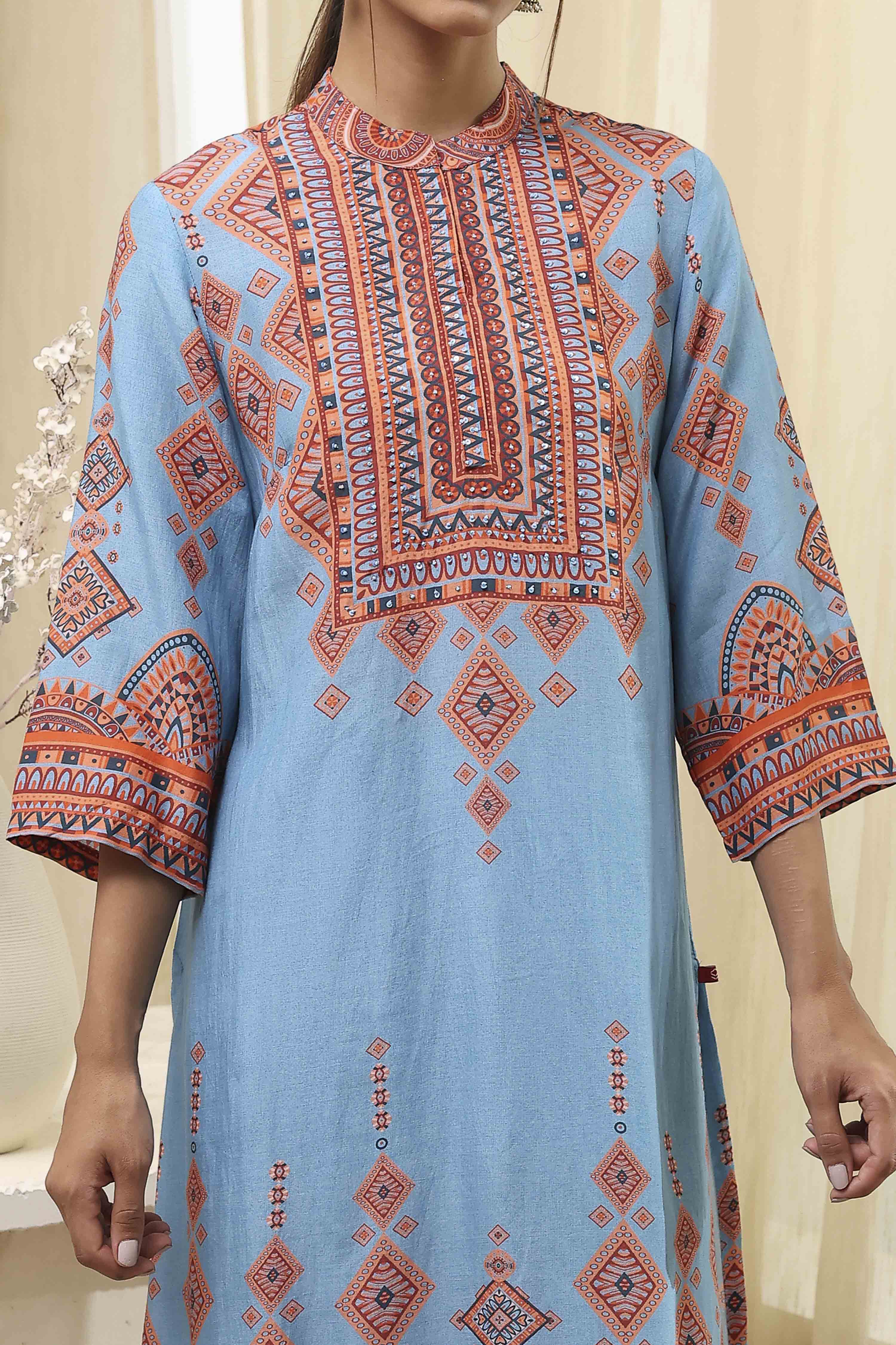 Dull Blue Printed Straight Suit Set image number 1