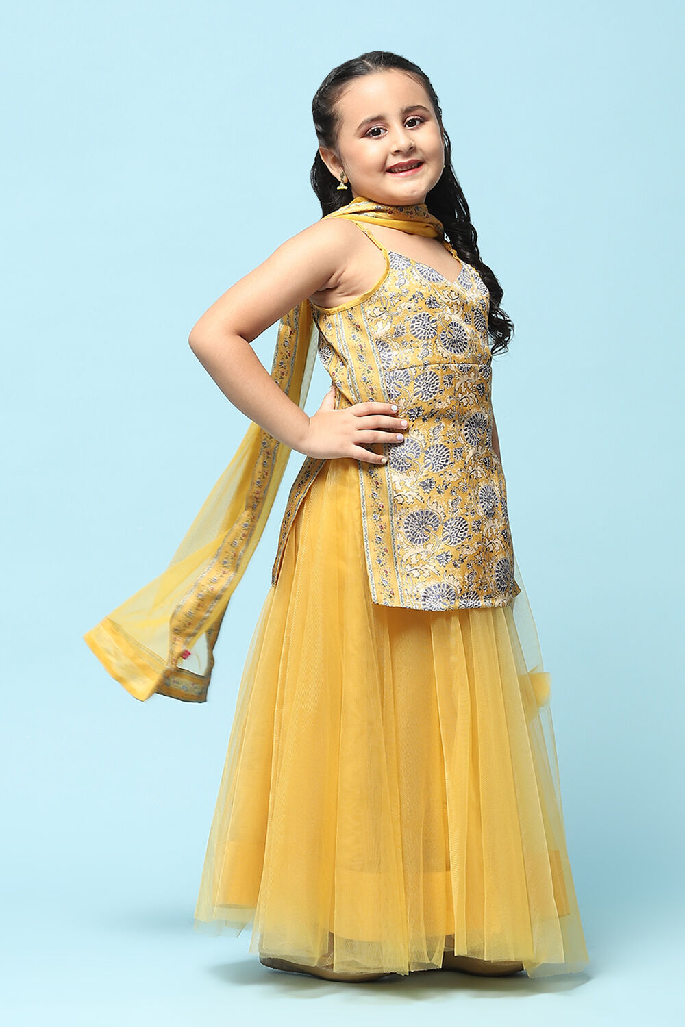 Yellow Poly Viscose Straight Printed Suit Set image number 6