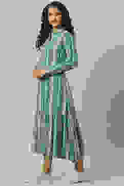 Blue Rayon Flared Printed Dress image number 2