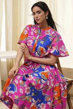 Pink Cotton Printed Flared Dress image number 6