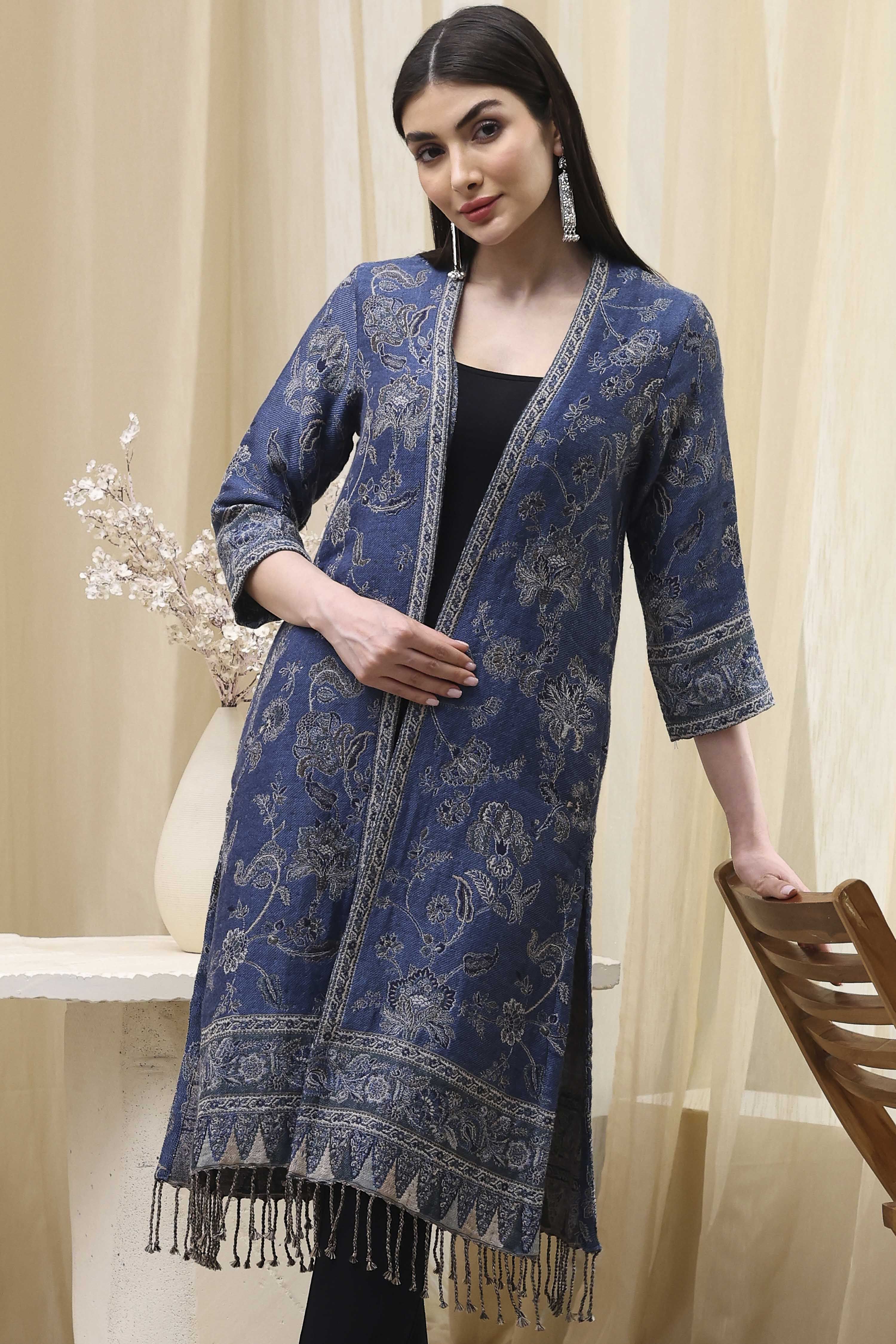 Indigo Poly Mettalic Front Open Yarndyed Shrug image number 6