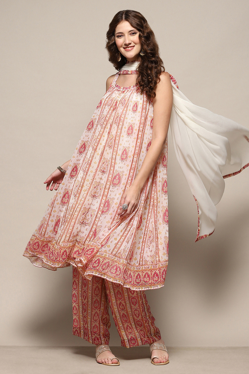 Cream Printed Strappy A-Line & Palazzo Suit Set image number 0