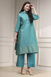 Turquoise Cotton Blend Printed Straight Suit Set image number 5