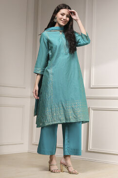Turquoise Cotton Blend Printed Straight Suit Set image number 5