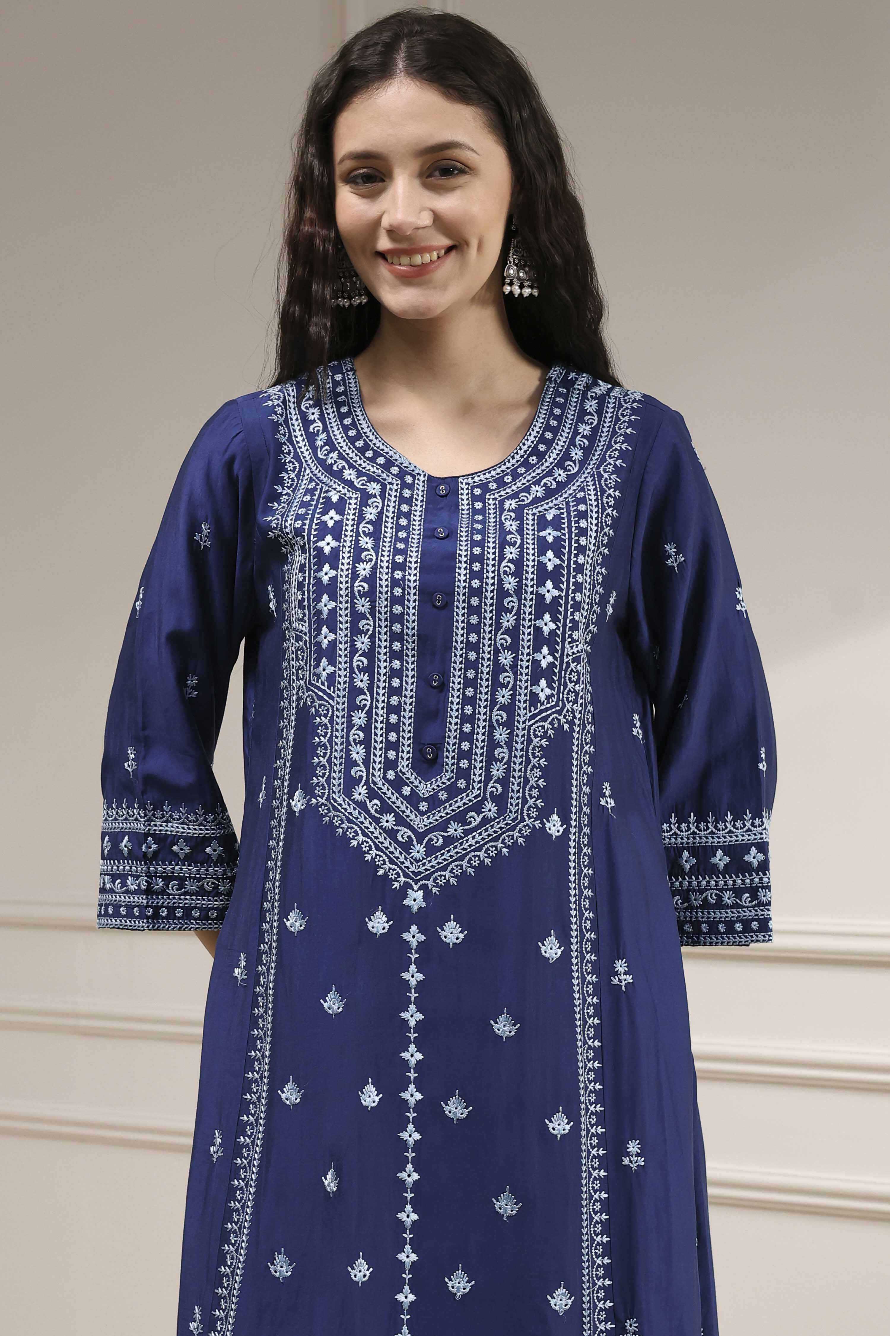 Blue Dyed Printed Straight Suit Set image number 1