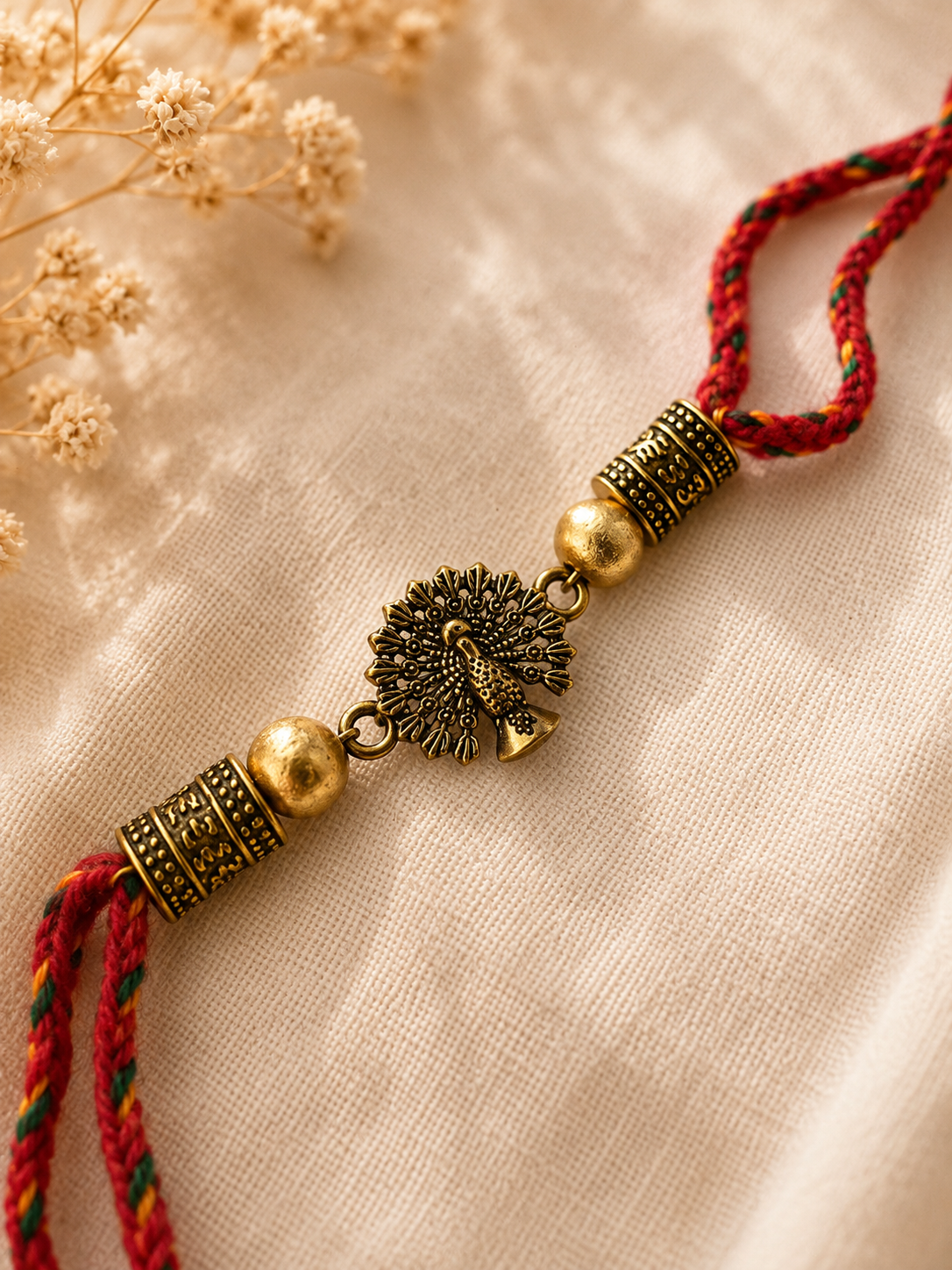Red Mayur Raj Antique Gold Rakhi image number 0