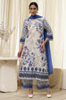 Off-White and Blue Cotton Straight Suit Set image number 6