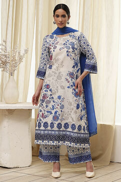 Off-White and Blue Cotton Straight Suit Set image number 6