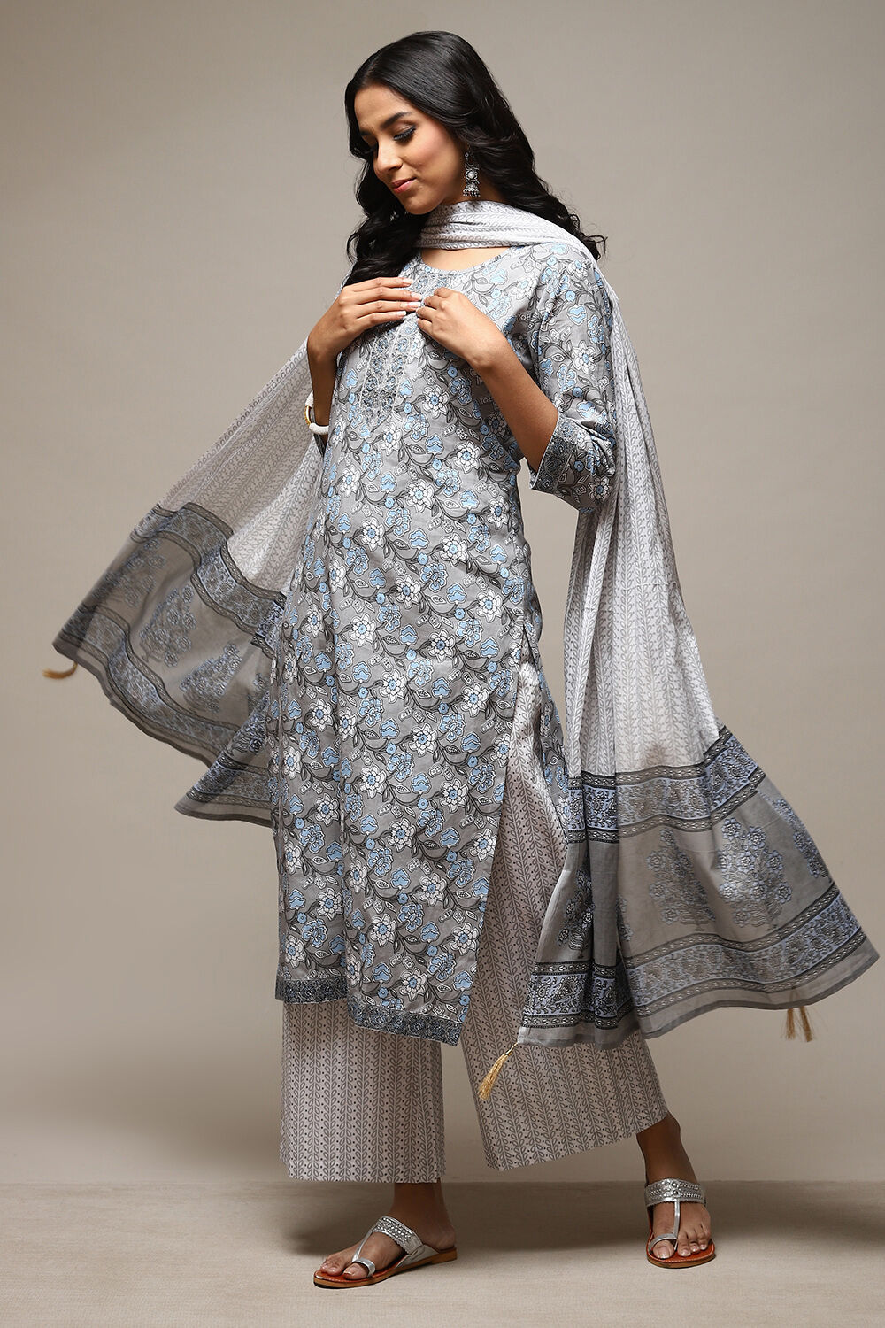 Grey Cotton Hand Block Print Unstitched Suit Set image number 10